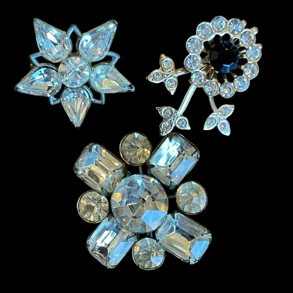 Vintage Pot Metal Rhinestone Brooch Lot Rivets Flower Set Of 3 Silver / GoldTone